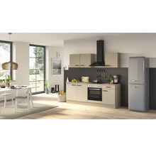 Cuisine équipée moderne avec façades claires, cuisinière intégrée, hotte aspirante et réfrigérateur rétro indépendant dans un espace ouvert.
