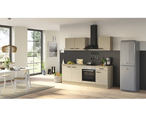 Cuisine équipée moderne avec façades claires, cuisinière intégrée, hotte aspirante et réfrigérateur rétro indépendant dans un espace ouvert.