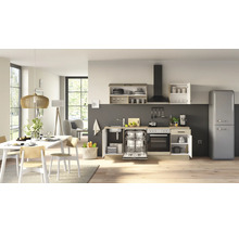 Cuisine équipée moderne avec lave-vaisselle intégré, four, évier et armoires murales dans un espace de vie et salle à manger ouvert et lumineux.