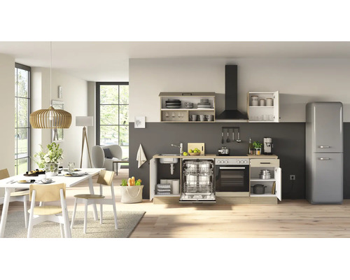 Cuisine équipée moderne avec lave-vaisselle intégré, four, évier et armoires murales dans un espace de vie et salle à manger ouvert et lumineux.