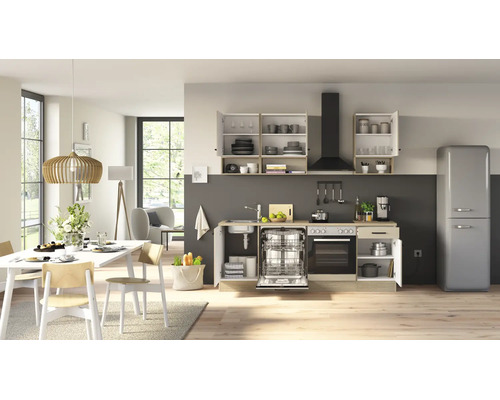 Cuisine moderne avec cuisine équipée, lave-vaisselle intégré, cuisinière et coin repas adjacent dans un espace ouvert et lumineux.