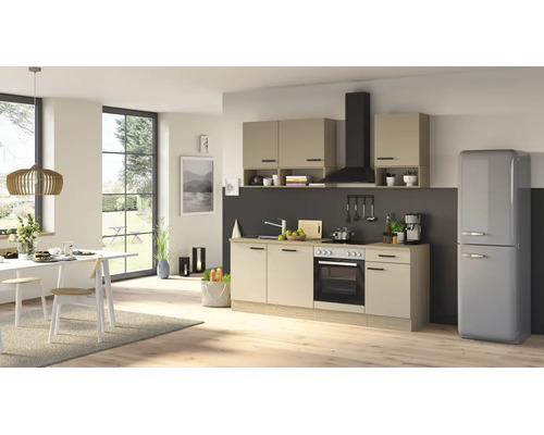 Cuisine équipée moderne avec façades claires, appareils électroménagers intégrés, hotte aspirante et réfrigérateur rétro indépendant.