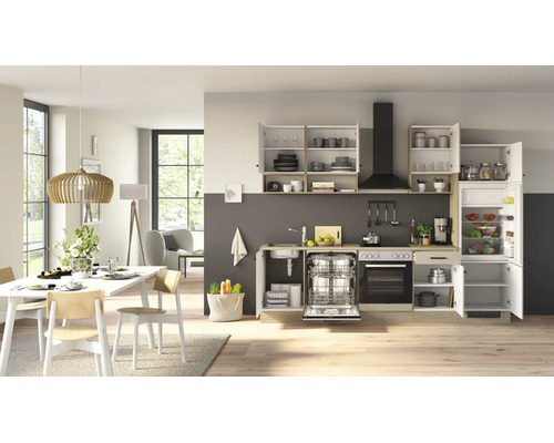 Cuisine équipée moderne avec façades d'armoires ouvertes, lave vaisselle intégré, four, hotte aspirante et réfrigérateur dans un séjour lumineux.