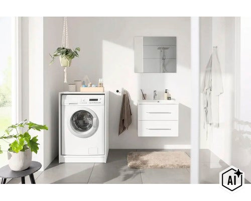 Salle de bain moderne et lumineuse avec meuble pour lave-linge blanc, meuble sous-vasque suspendu et miroir. (Image AI modified or generated)