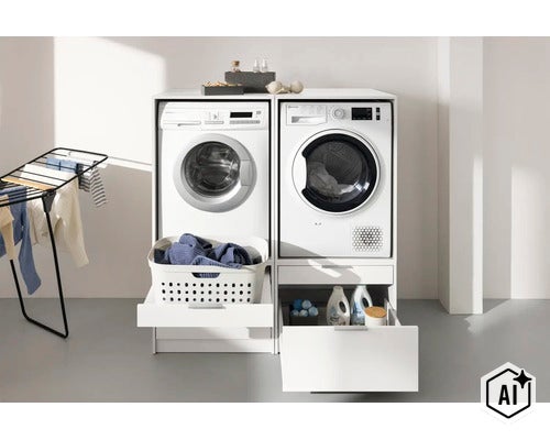 Meuble modulaire pour lave-linge et sèche-linge avec tablette coulissante pour panier à linge et tiroirs de rangement. (Image AI modified or generated)