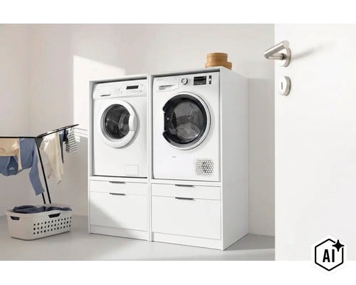 Deux armoires de lavage blanches côte à côte avec tiroirs en bas, lave-linge et sèche-linge surélevés dans une buanderie. (Image AI modified or generated)
