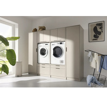 Armoire de buanderie modulaire beige pour lave-linge et sèche-linge avec de nombreux rangements.