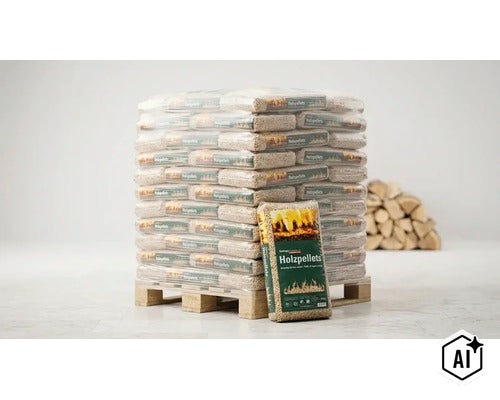 Holzpalette mit gestapelten Holzpellet-Säcken und einem davorstehenden einzelnen Sack Holzpellets. (Image AI modified or generated)