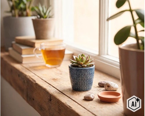 Dekorierte hölzerne Fensterbank mit einer kleinen Sukkulente im blau gemusterten Übertopf, einer Tasse Tee, Büchern und weiteren Zimmerpflanzen. (Image AI modified or generated)