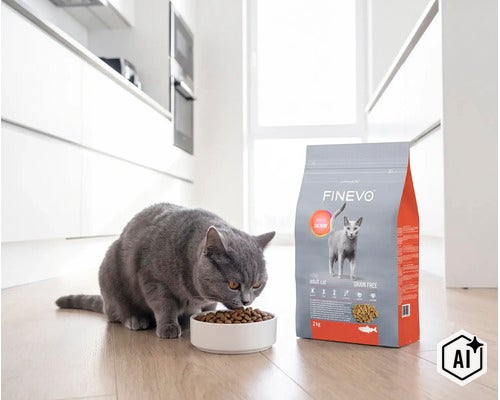 Chat gris mangeant des croquettes dans une gamelle à côté d'un paquet de nourriture pour chats Finevo dans une cuisine lumineuse. (Image AI modified or generated)