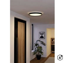 Plafonnier LED rond et plat avec cadre noir, éclairé dans un couloir moderne avec porte en bois et plante. (Image AI modified or generated)