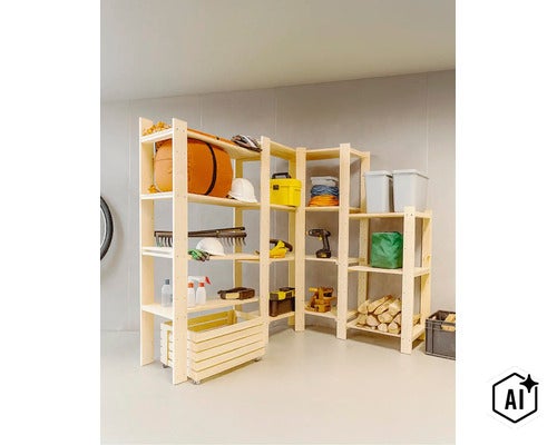 Stabiles Holzregal aus Kiefernholz in L-Form mit vielen Fächern zur geordneten Lagerung von Werkzeugen, Arbeitsmaterialien und Kisten. (Image AI modified or generated)