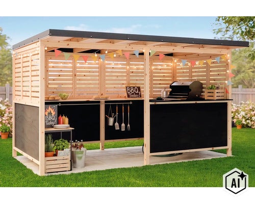 Holz Grillpavillon mit Theke, schwarzen Tafelflächen und Dekoration im Garten, ideal für Grillabende unter freiem Himmel. (Image AI modified or generated)