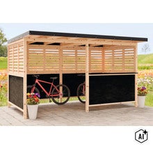 Offener Fahrradunterstand aus Holz mit Lamellenwänden und Flachdach für die geschützte Aufbewahrung von Fahrrädern im Garten. (Image AI modified or generated)