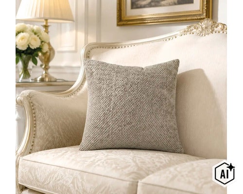 Strukturiertes Zierkissen auf einem klassischen Sofa in einem elegant eingerichteten Wohnzimmer mit einer Tischleuchte im Hintergrund. (Image AI modified or generated)