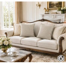 Klassisches Wohnzimmer mit elegantem Sofa aus Holz mit Textilpolsterung und dekorativen Zierkissen vor einem Kamin in einem hellen Raum. (Image AI modified or generated)