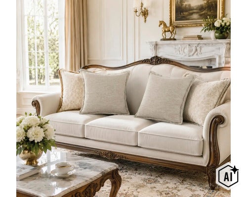 Klassisches Wohnzimmer mit elegantem Sofa aus Holz mit Textilpolsterung und dekorativen Zierkissen vor einem Kamin in einem hellen Raum. (Image AI modified or generated)
