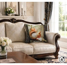 Coussin décoratif avec motif écureuil sur un canapé classique dans un salon élégant (Image AI modified or generated)