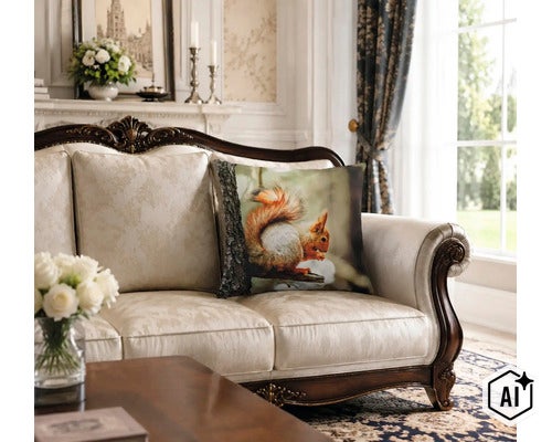 Coussin décoratif avec motif écureuil sur un canapé classique dans un salon élégant (Image AI modified or generated)