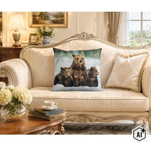 Coussin décoratif avec motif ours placé sur un canapé élégant dans un salon lumineux et classique avec des accessoires de décoration. (Image AI modified or generated)