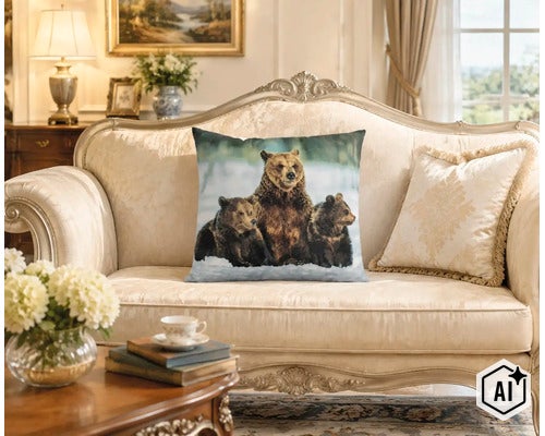 Coussin décoratif avec motif ours placé sur un canapé élégant dans un salon lumineux et classique avec des accessoires de décoration. (Image AI modified or generated)