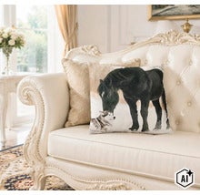 Coussin décoratif avec motif cheval et chien sur un canapé élégant dans un salon lumineux. (Image AI modified or generated)