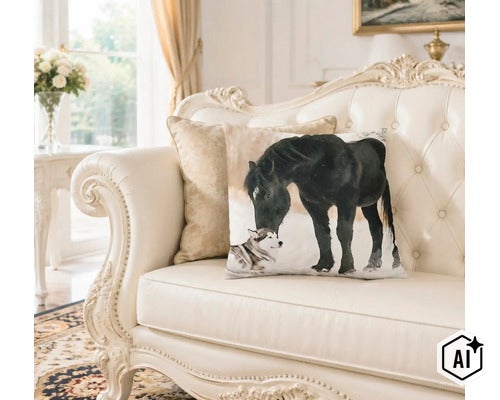 Coussin décoratif avec motif cheval et chien sur un canapé élégant dans un salon lumineux. (Image AI modified or generated)