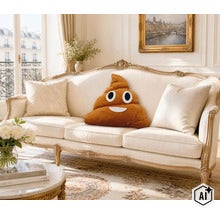 Un coussin décoratif souple en forme d'emoji crotte sur un canapé clair et classique dans un salon élégamment meublé. (Image AI modified or generated)