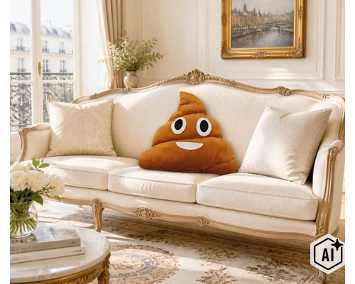 Un coussin décoratif souple en forme d'emoji crotte sur un canapé clair et classique dans un salon élégamment meublé. (Image AI modified or generated)