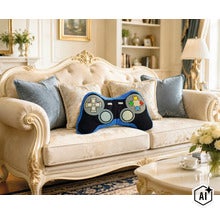 Coussin décoratif en forme de manette de jeu vidéo sur un élégant canapé crème dans un salon classique. (Image AI modified or generated)