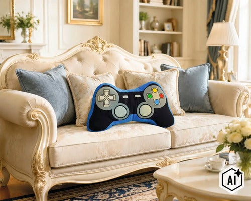 Coussin décoratif en forme de manette de jeu vidéo sur un élégant canapé crème dans un salon classique. (Image AI modified or generated)
