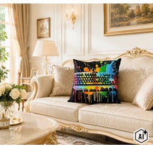 Un coussin carré avec un motif de clavier coloré qui coule sur un canapé classique dans un salon élégamment meublé. (Image AI modified or generated)