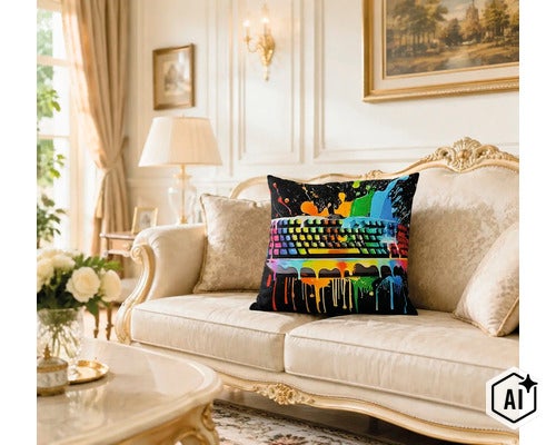 Un coussin carré avec un motif de clavier coloré qui coule sur un canapé classique dans un salon élégamment meublé. (Image AI modified or generated)