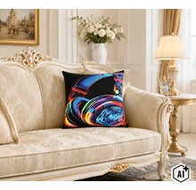 Coussin décoratif avec motif casque audio sur un canapé classique dans un salon élégant. (Image AI modified or generated)
