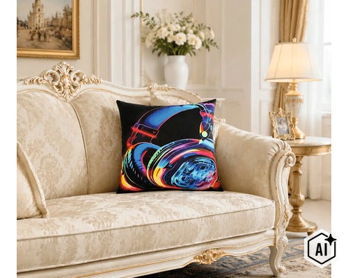 Coussin décoratif avec motif casque audio sur un canapé classique dans un salon élégant. (Image AI modified or generated)