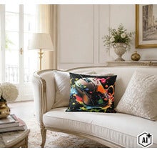 Zierkissen mit Motiv einer Computermaus mit Farbspritzern auf einem weissen Sofa in einem hellen Wohnzimmer. (Image AI modified or generated)