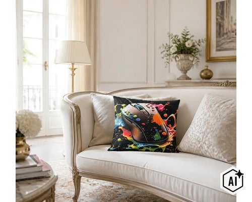Zierkissen mit Motiv einer Computermaus mit Farbspritzern auf einem weissen Sofa in einem hellen Wohnzimmer. (Image AI modified or generated)
