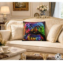 Coussin décoratif carré avec motif gamer coloré sur un canapé classique dans un salon élégant. (Image AI modified or generated)