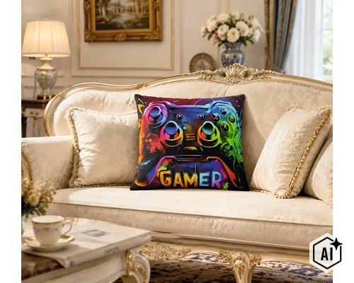Coussin décoratif carré avec motif gamer coloré sur un canapé classique dans un salon élégant. (Image AI modified or generated)