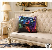Coussin décoratif avec motif manette de jeu sur un canapé classique dans un salon élégant. (Image AI modified or generated)