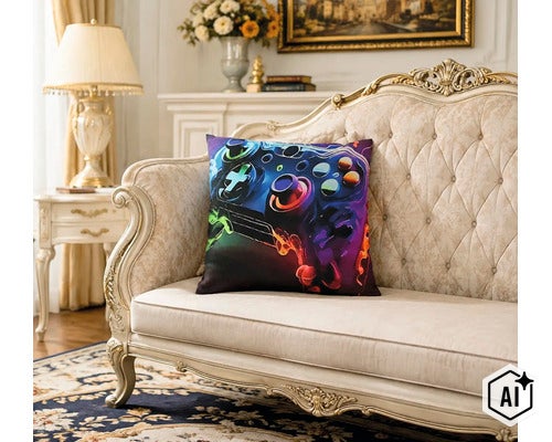 Coussin décoratif avec motif manette de jeu sur un canapé classique dans un salon élégant. (Image AI modified or generated)