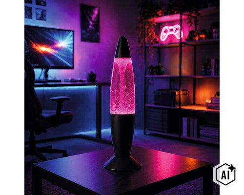Lampe à lave décorative sur une table dans une salle de jeu moderne avec éclairage d ambiance. (Image AI modified or generated)