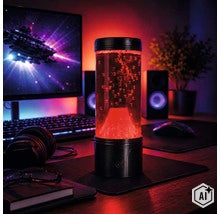 Lampe lave volcan comme lampe de table décorative avec bulles placée sur un bureau dans une chambre de jeu. (Image AI modified or generated)
