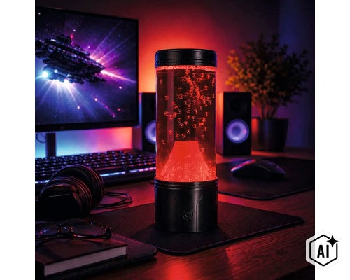 Lampe lave volcan comme lampe de table décorative avec bulles placée sur un bureau dans une chambre de jeu. (Image AI modified or generated)