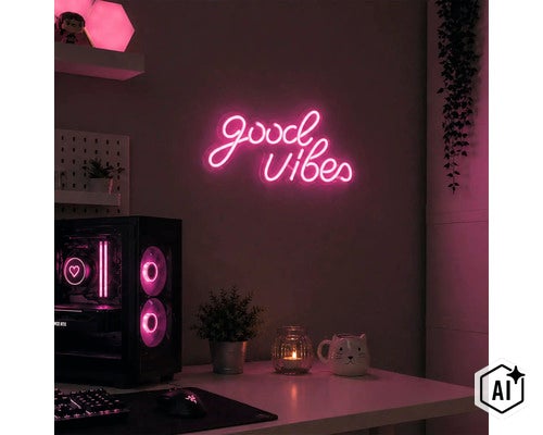 Wand mit Leuchtschild Good Vibes in einem Gamer Zimmer mit PC und Deko (Image AI modified or generated)