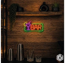 LED Neon Leuchtreklame mit Bar Schriftzug und Cocktailglas Symbol an einer rustikalen Holzwand in einer Bar mit Barutensilien. (Image AI modified or generated)