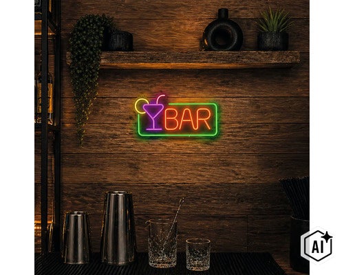 LED Neon Leuchtreklame mit Bar Schriftzug und Cocktailglas Symbol an einer rustikalen Holzwand in einer Bar mit Barutensilien. (Image AI modified or generated)