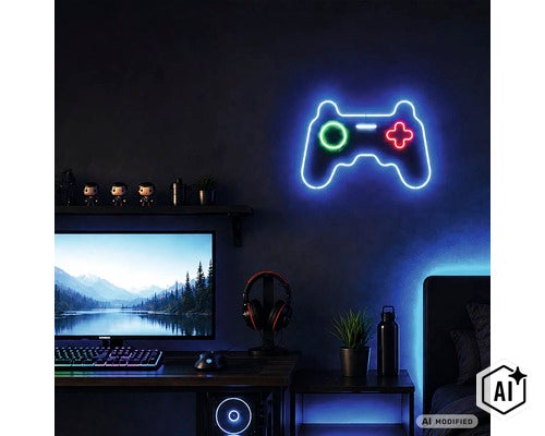 Gaming Zimmer Einrichtung mit Neon Wandleuchte in Gamecontroller Form über dem Schreibtisch mit Monitor, Tastatur und Kopfhörern. (Image AI modified or generated)