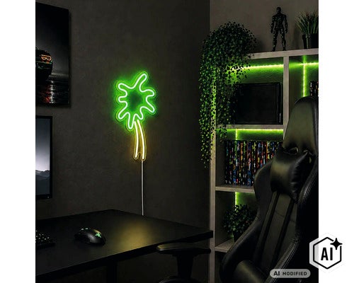 LED Neonwandleuchte in Palmenform an einer dunklen Wand in einem Gaming Zimmer mit Schreibtisch und Gaming Stuhl. (Image AI modified or generated)