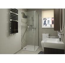 Salle de bain moderne avec douche d'angle, motif mural zen, toilettes au sol, lavabo avec meuble sous vasque et radiateur sèche-serviettes.